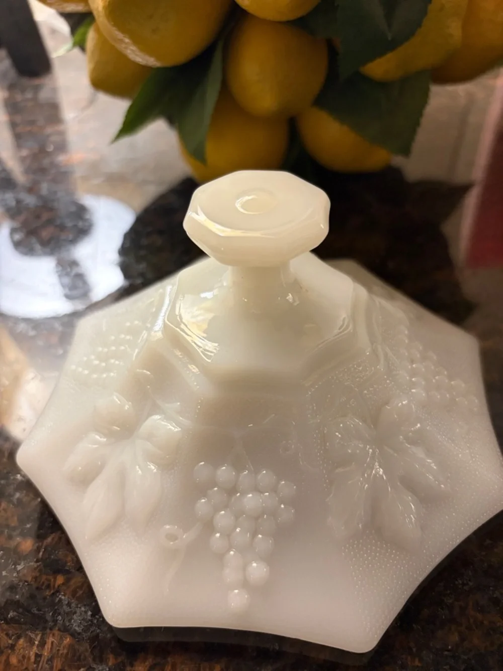Milk Glass colony harvest grape pattern covered pedestal candy dish. 8” lid on.
